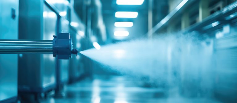 Fogging machine disinfecting a sterile factory interior with mist and ample empty space for text and branding opportunities